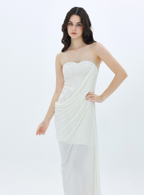 MOOD X MIURA Ellery 白色提花不对称抽褶束腰连衣裙