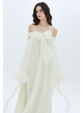 MOOD X MIURA Ellery 白色褶皱蝴蝶结蕾丝荷叶边连衣裙