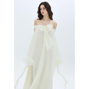 MOOD X MIURA Ellery 白色褶皱蝴蝶结蕾丝荷叶边连衣裙