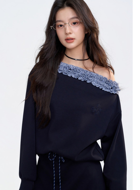 Aimme sparrow25FW黑色格纹拼接斜肩上衣格纹拼接半裙