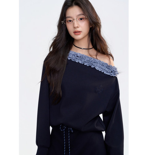 Aimme sparrow25FW黑色格纹拼接斜肩上衣格纹拼接半裙