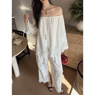 宽松镂空刺绣系带一字肩上衣女套装 ODTD26春夏新款 设计师女装