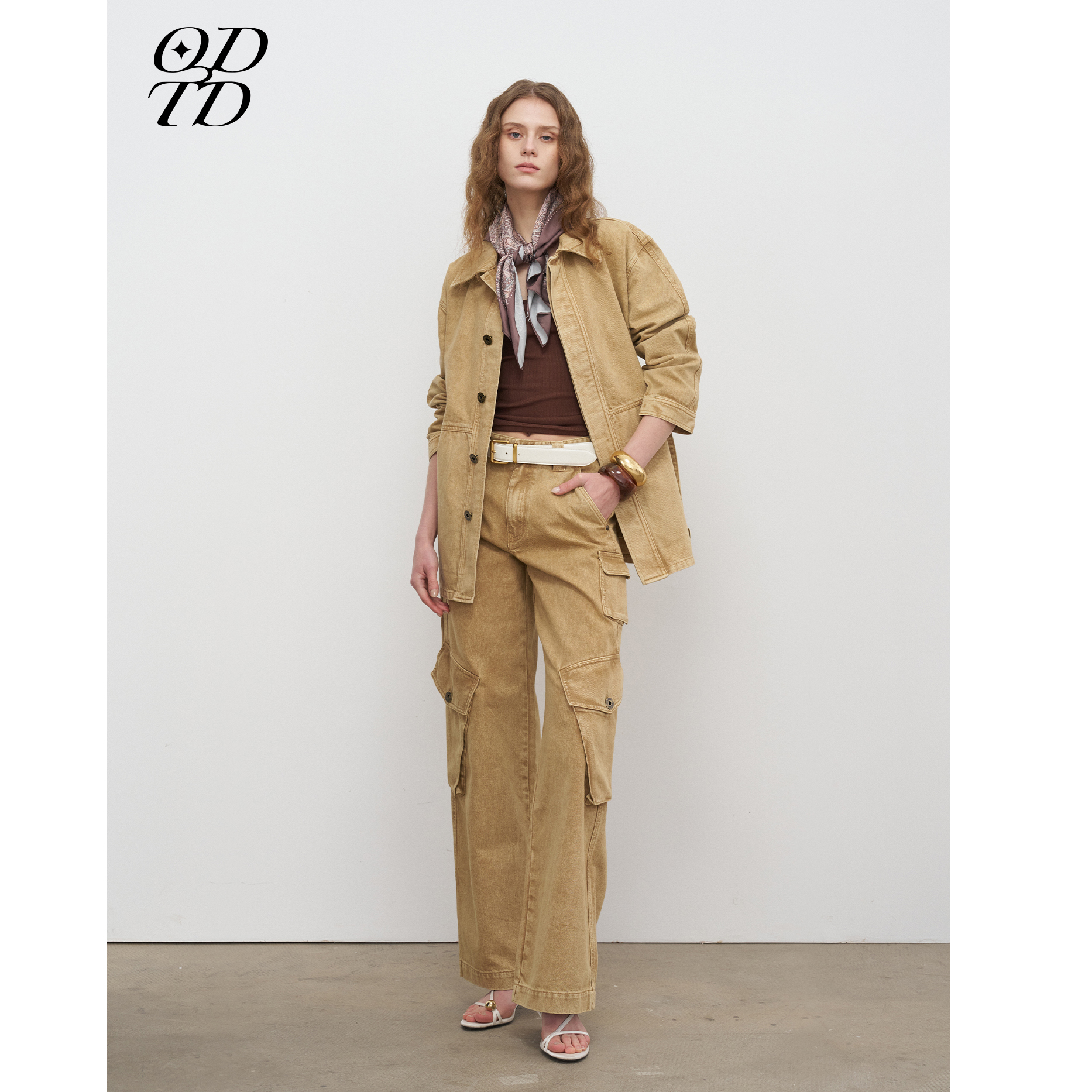 【设计师女装】ODTD25秋季新款彩洗牛仔工装外套长裤套装