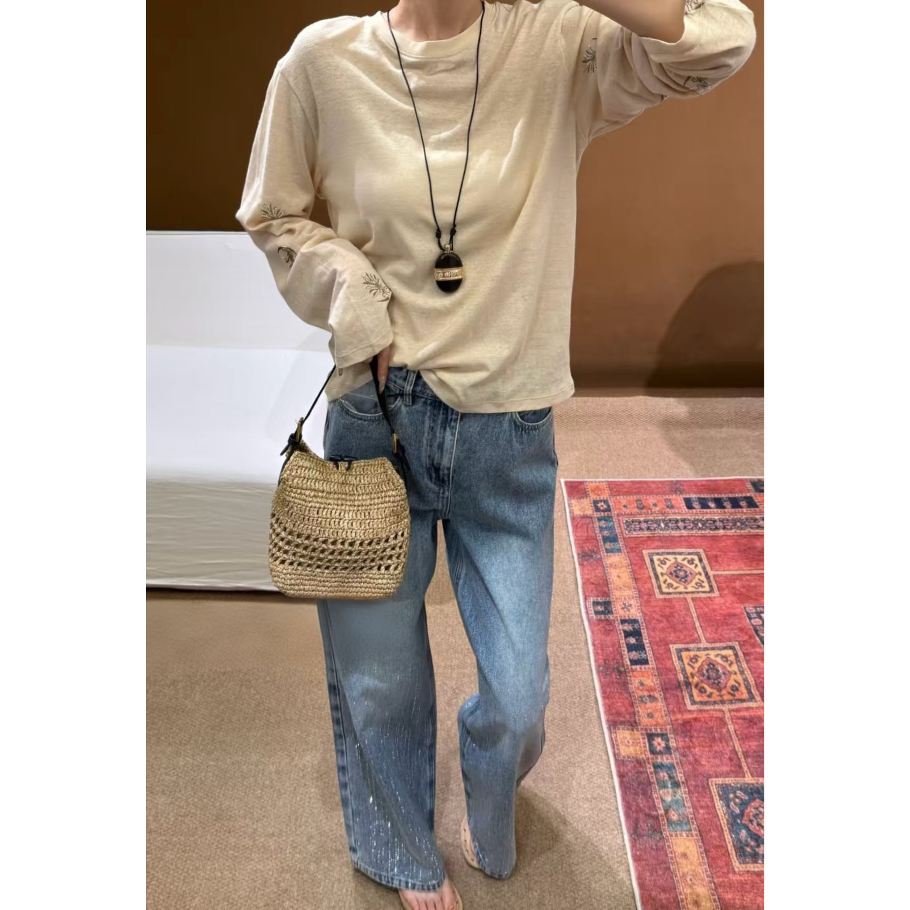 现货【设计师女装】ODTD26春夏满天星烫钻牛仔直筒长裤牛仔裤休闲图片
