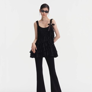 Maison Wester25黑色蕾丝层叠荷叶边吊带黑丝绒背心蝴蝶结喇叭裤