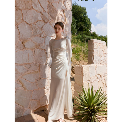 Wardrobes by chen2025AW 缎面针织缩褶⻓袖连衣裙