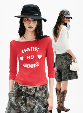 现货 MARKGONG 26SS 红色七分袖荡领露背上衣