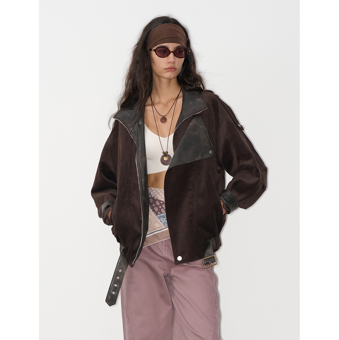 IF BY LAND 25秋冬季新款 咖色复古灯芯绒拼PU皮夹克