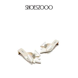 女 SHOESZOOO2025春季 新款 法式 优雅甜美蝴蝶结水钻尖头半拖穆勒鞋