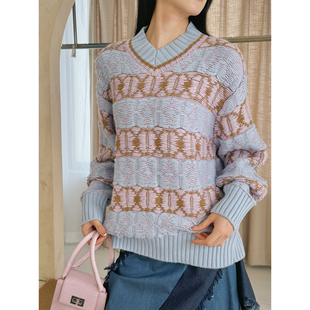 CHRISOU DAN欧阳丹蓝白蓝紫菱格套头小高领针织衫 3折