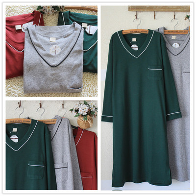 纯棉棉长袖加肥大码v领宽松睡袍