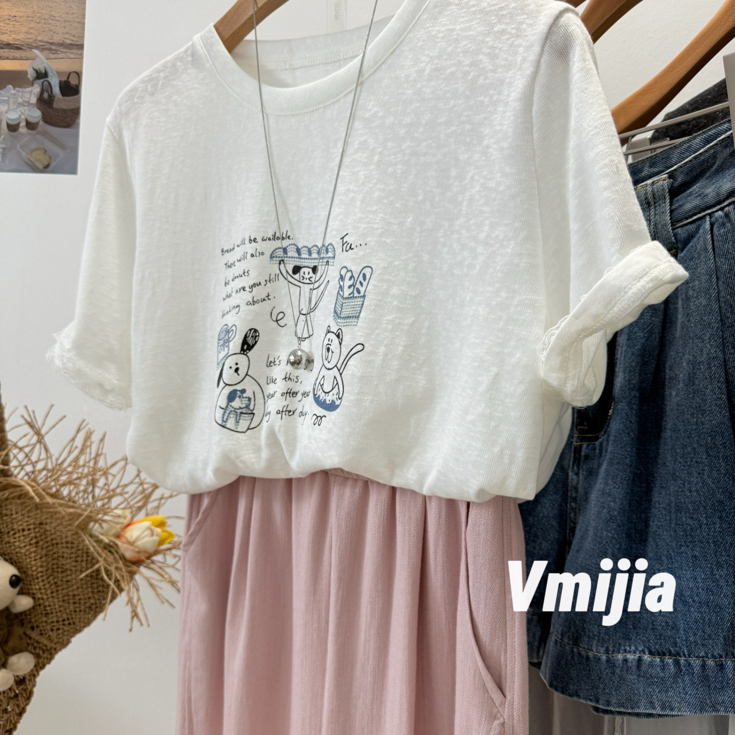 Vmijia 蕾丝控b入 透气雪花棉卡通印花宽松显瘦圆领短袖T恤女上衣