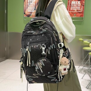 书包女高中生黑色设计感小众结实耐用大容量双肩包初中生耐脏背包