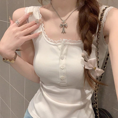 方领蕾丝边纽扣背心女夏