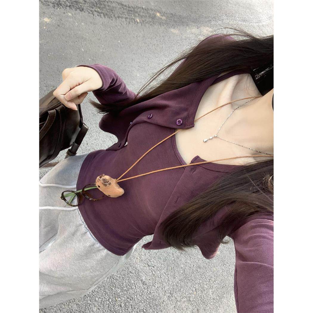 韩系辣妹紫色吊带背心针织开衫小个子短款修身上衣两件套装女秋季