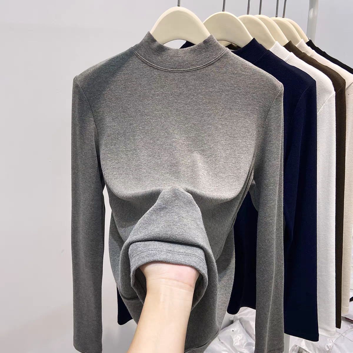 十三行加绒小立领打底衫女秋冬