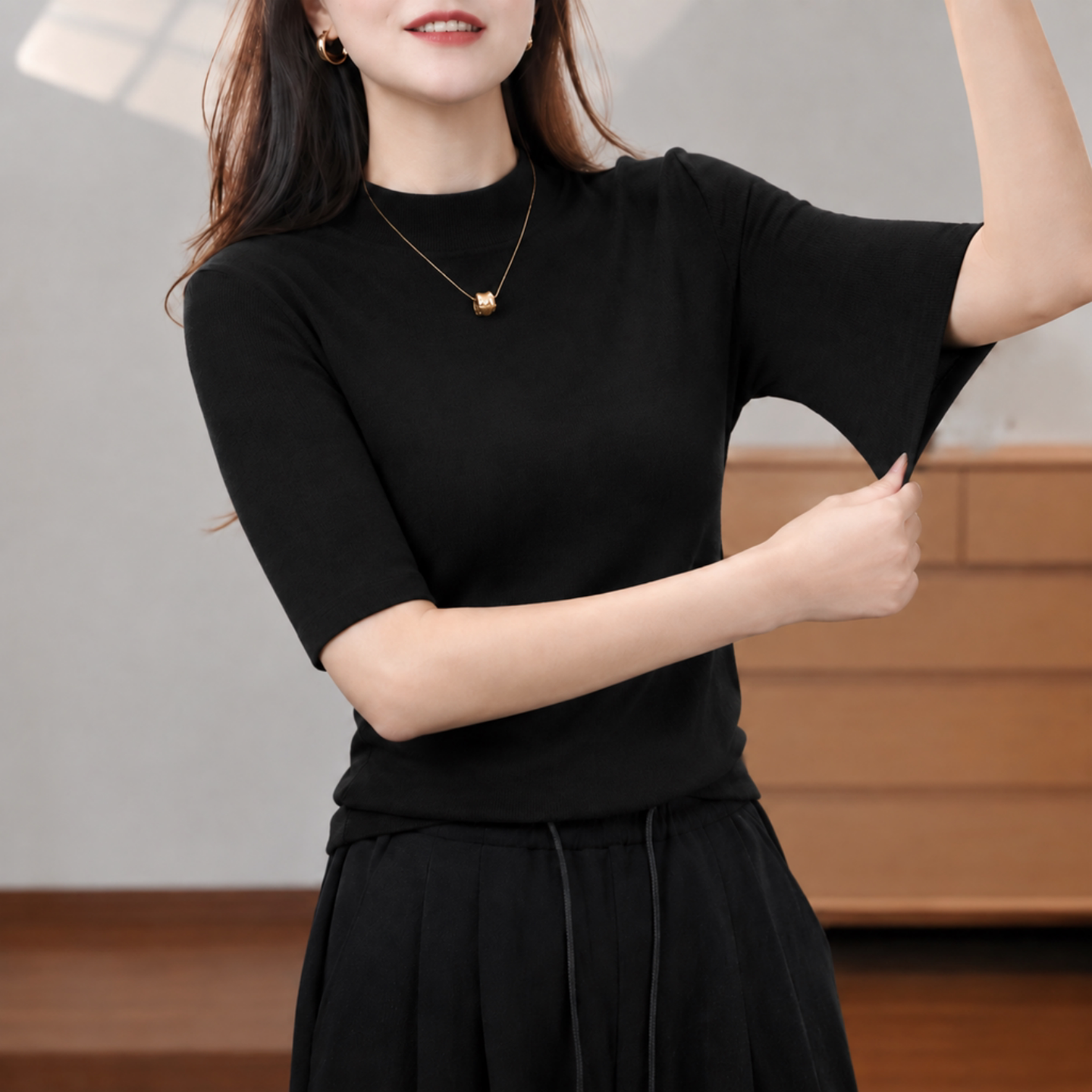黑色小立领五分袖修身上衣女春秋新款气质通勤针织中袖t恤打底衫