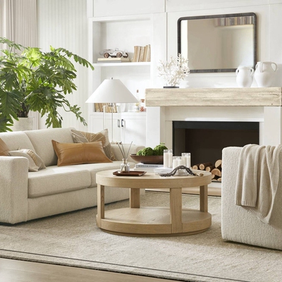 美式轻复古实木圆形茶几