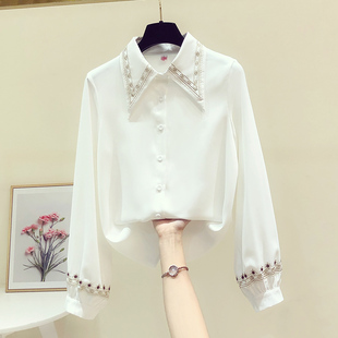 复古刺绣白色雪纺衬衫 法式 2024年春秋装 新款 女设计感小众洋气上衣