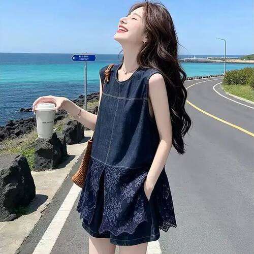 2026夏装蕾丝牛仔背心短裤套装