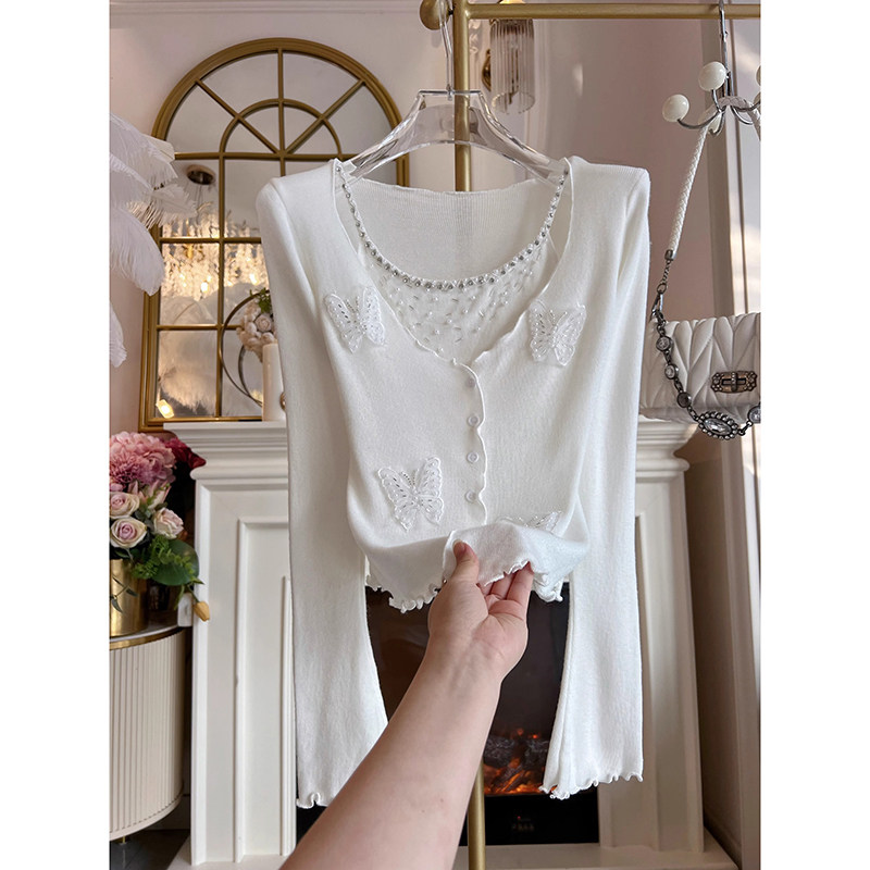 早春季新款蝴蝶镶钻重工假两件短外套女设计感别致绝美薄款针织衫