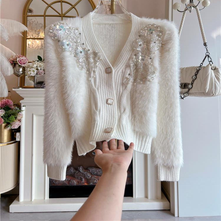 设计感重工镶钻针织开衫女