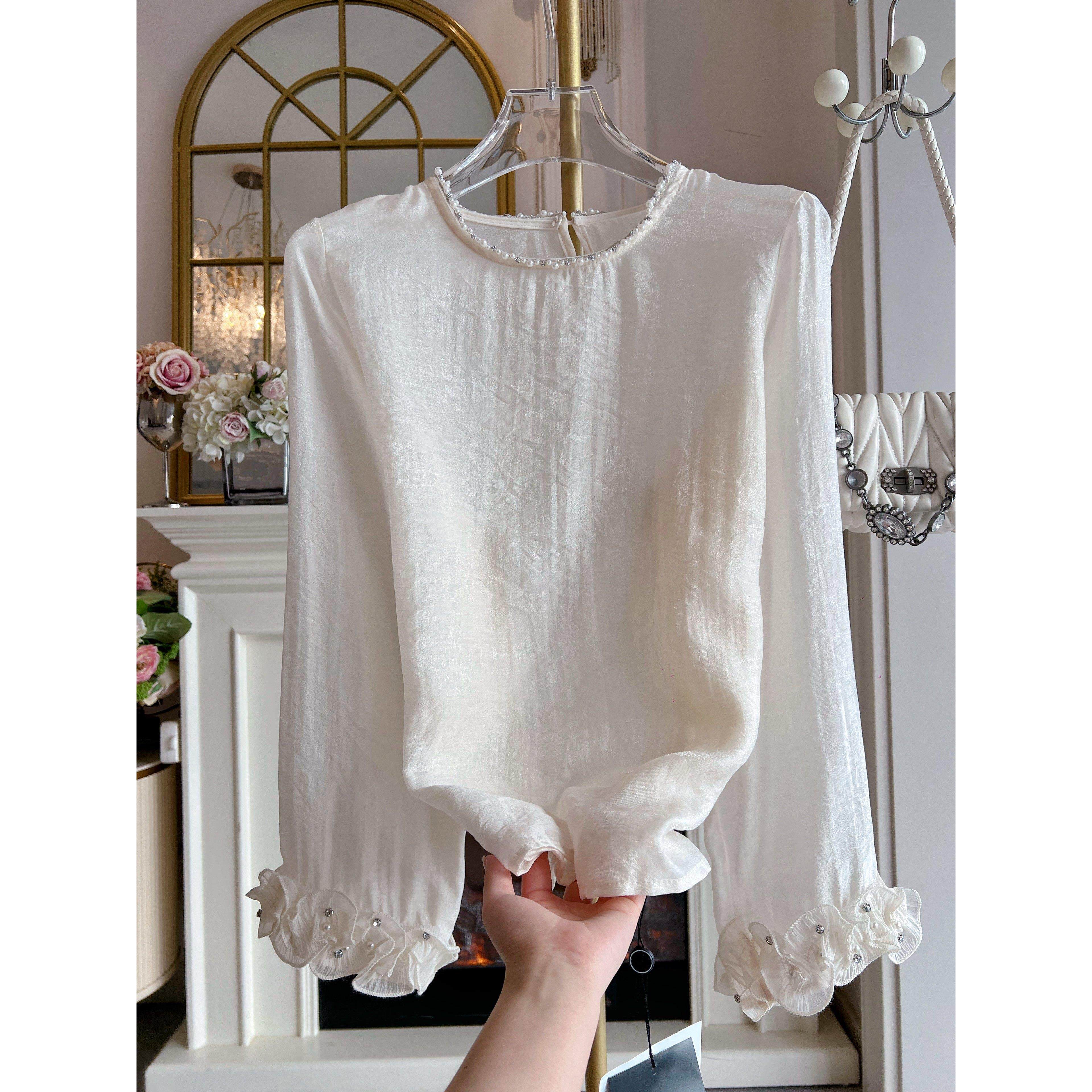 2026春季法式浪漫风重工钉珠荷叶边雪纺衫女白色圆领长袖气质上衣