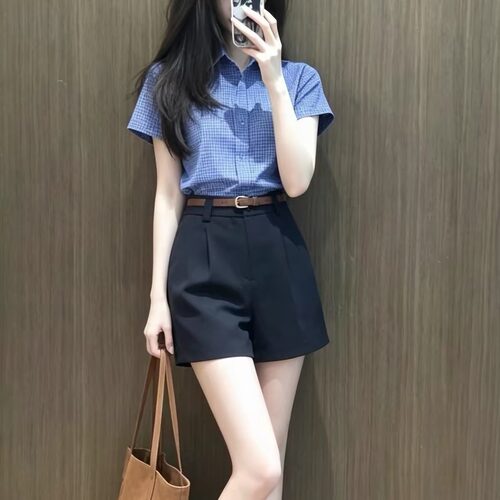 法式学院格纹翻领短袖女衬衫