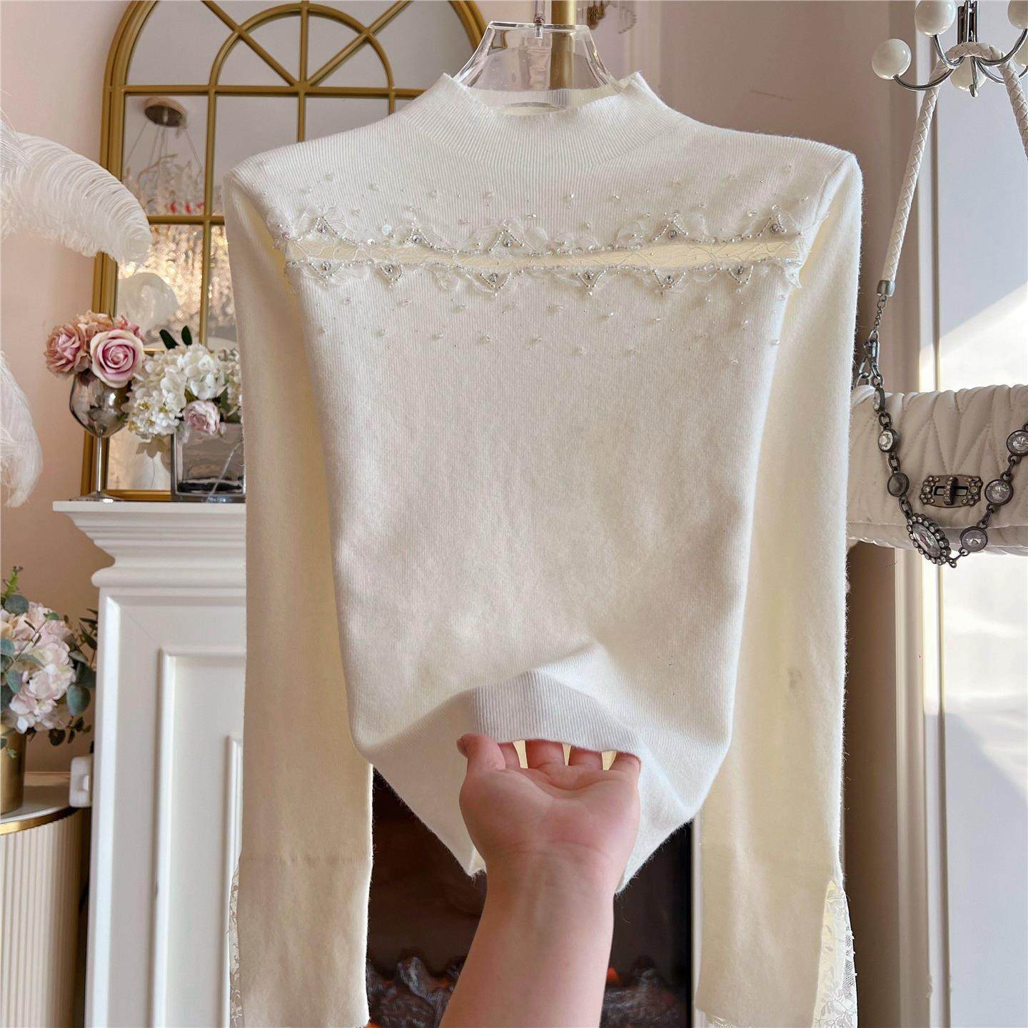 巨好看2026年春季重工镶钻宽松蕾丝边网纱性感打底衫毛衣针织衫女,女装/女士精品,毛针织衫,淘宝优惠券,粉丝福利购,淘宝优惠卷