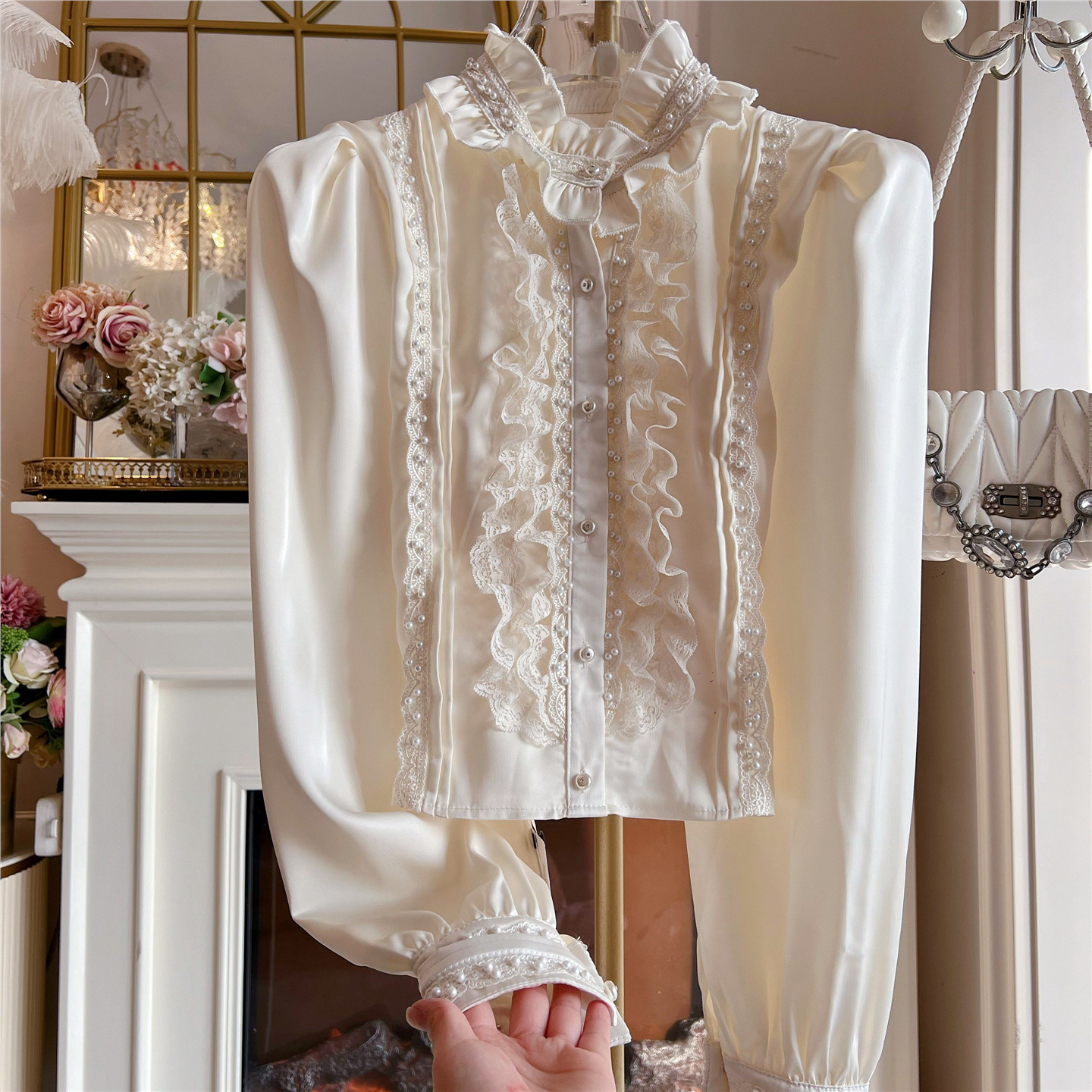 2026春季新款复古宫廷风气质雪纺衫衬衣女重工钉珠长袖小香风衬衫,女装/女士精品,蕾丝衫/雪纺衫,淘宝优惠券,粉丝福利购,淘宝优惠卷