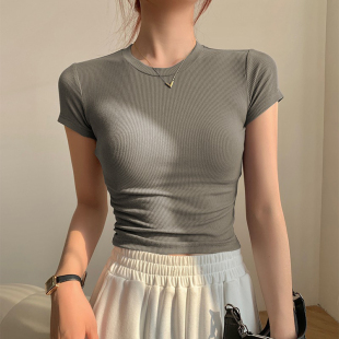 t恤女2025夏季 短款 新款 显瘦打底衫 上衣体恤 冰丝螺纹修身 正肩短袖