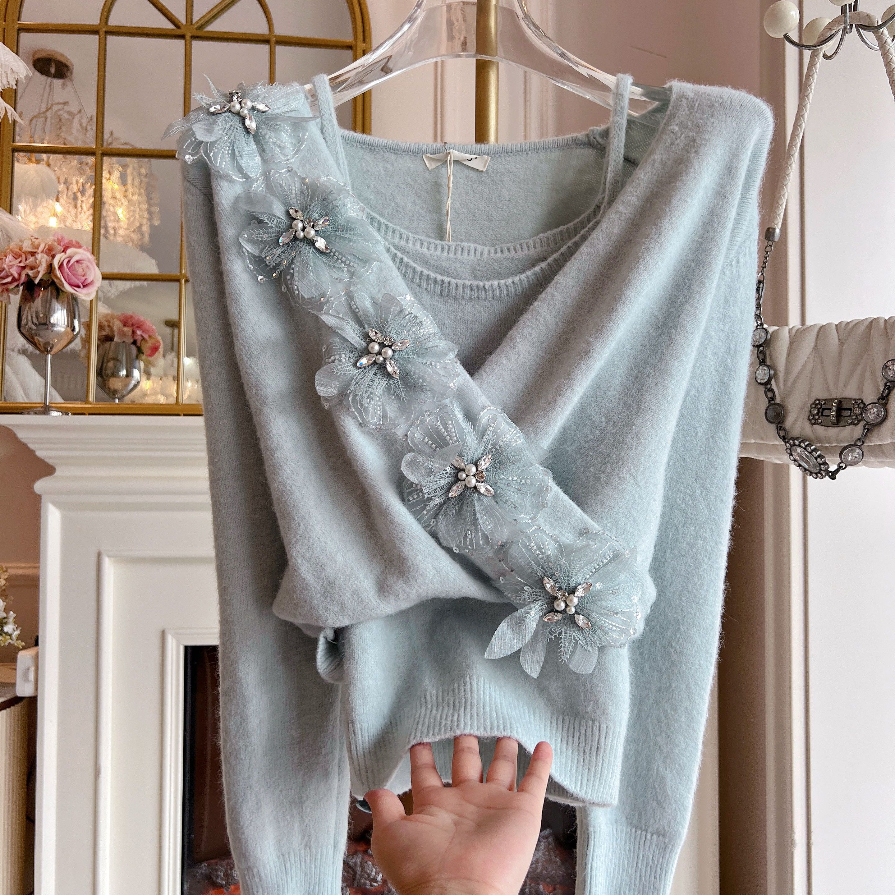 重工镶钻花朵针织衫毛衣女宽松女