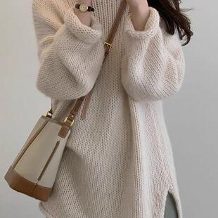 秋冬新品羊毛衫女宽松中长款落肩粗针白色毛衣一字领羊毛打底衫