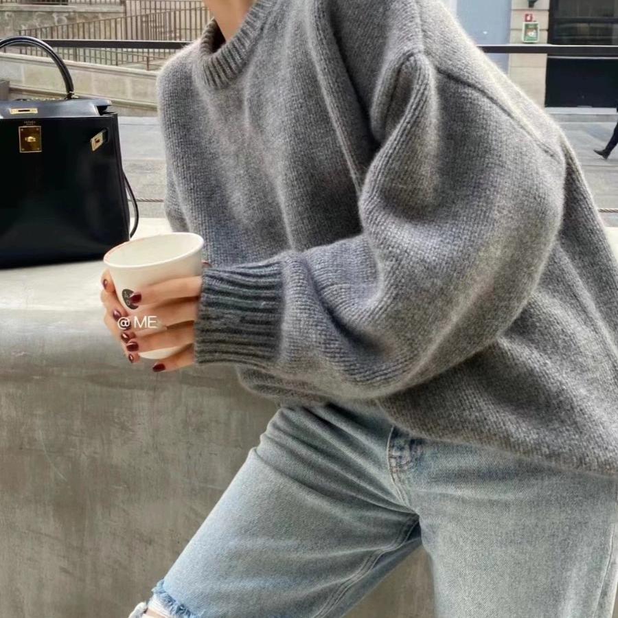肯豆同款~秋冬羊毛衫女灰色圆领套头针织慵懒羊毛宽松廓形厚毛衣
