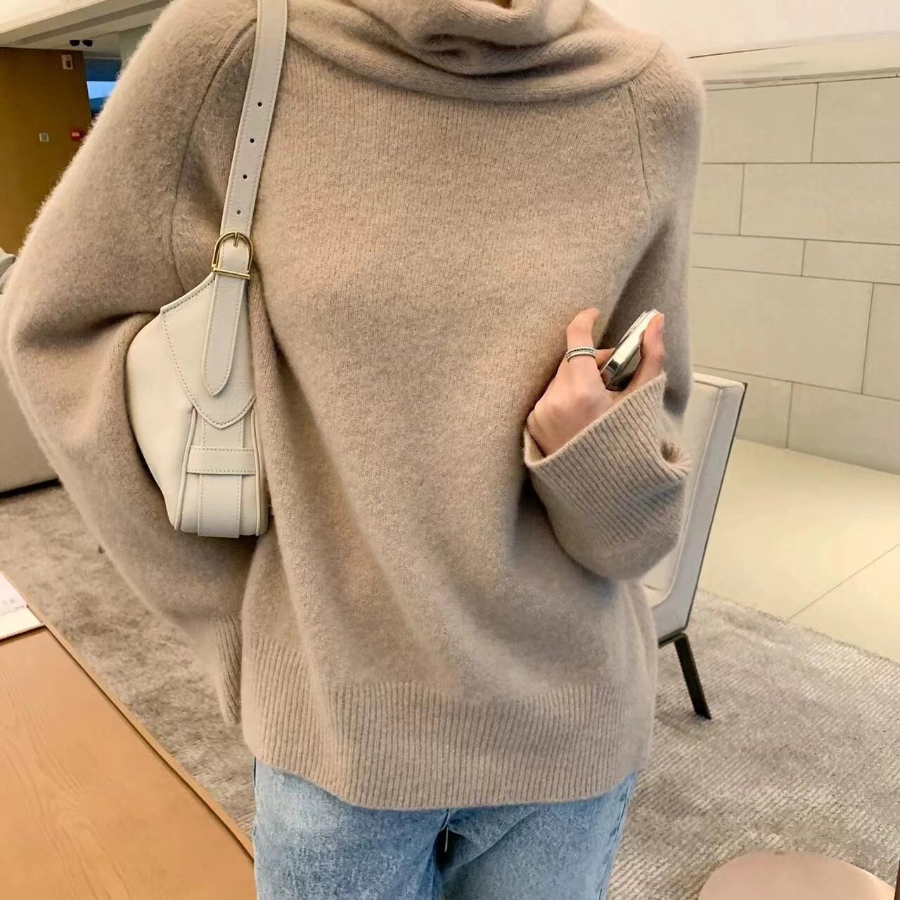 极简风堆堆领ROW毛衣女秋冬新款加厚100羊毛衫慵懒宽松针织衫长袖