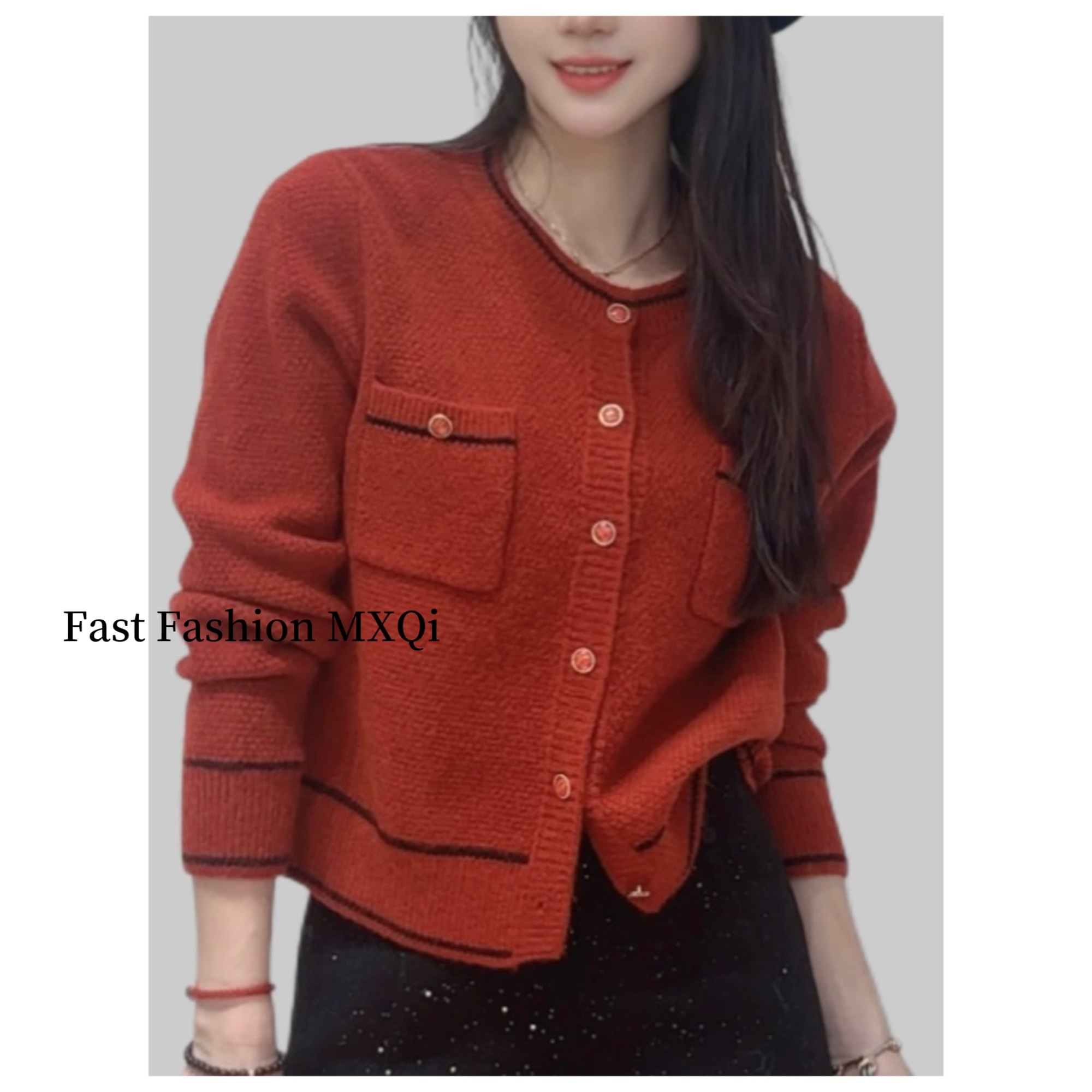 洋气时尚红色小香风毛衣外套女秋冬韩版百搭气质修身针织开衫上衣