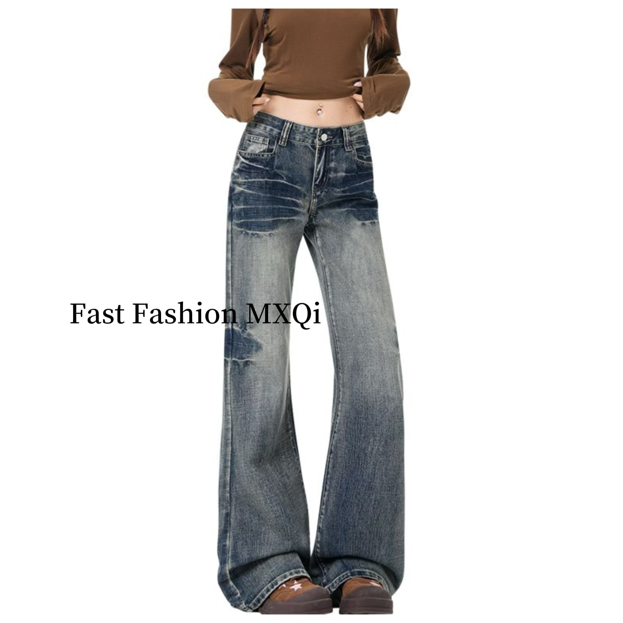 2026春新款复古蓝低腰微喇牛仔裤女高街显瘦韩版百搭阔腿辣妹裤子