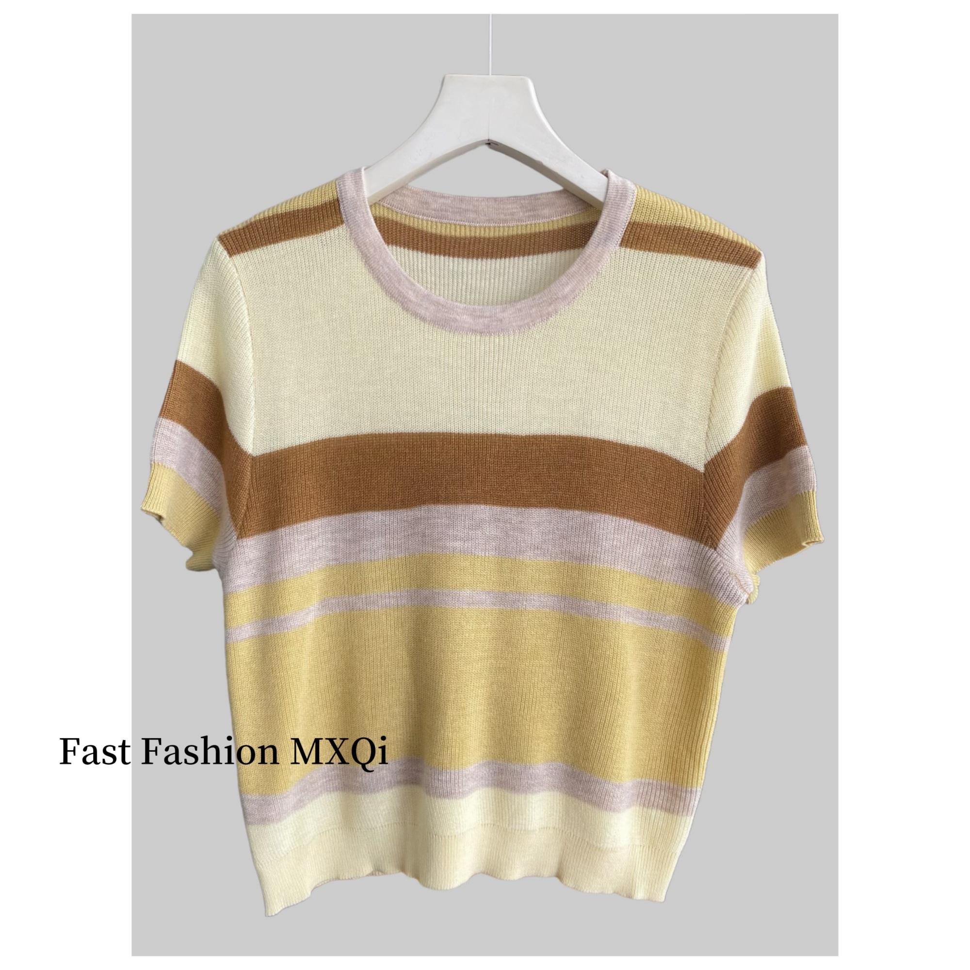 夏季韩版短袖条纹针织衫女毛衣通勤显瘦气质百搭小个子针织上衣