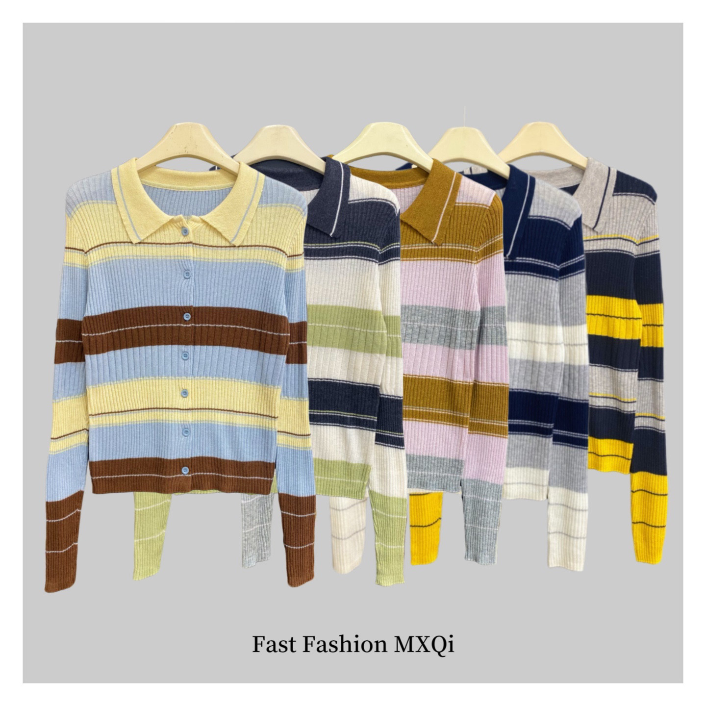 韩版显瘦浅蓝色条纹针织开衫女Polo领小个子显高通勤简约长袖上衣