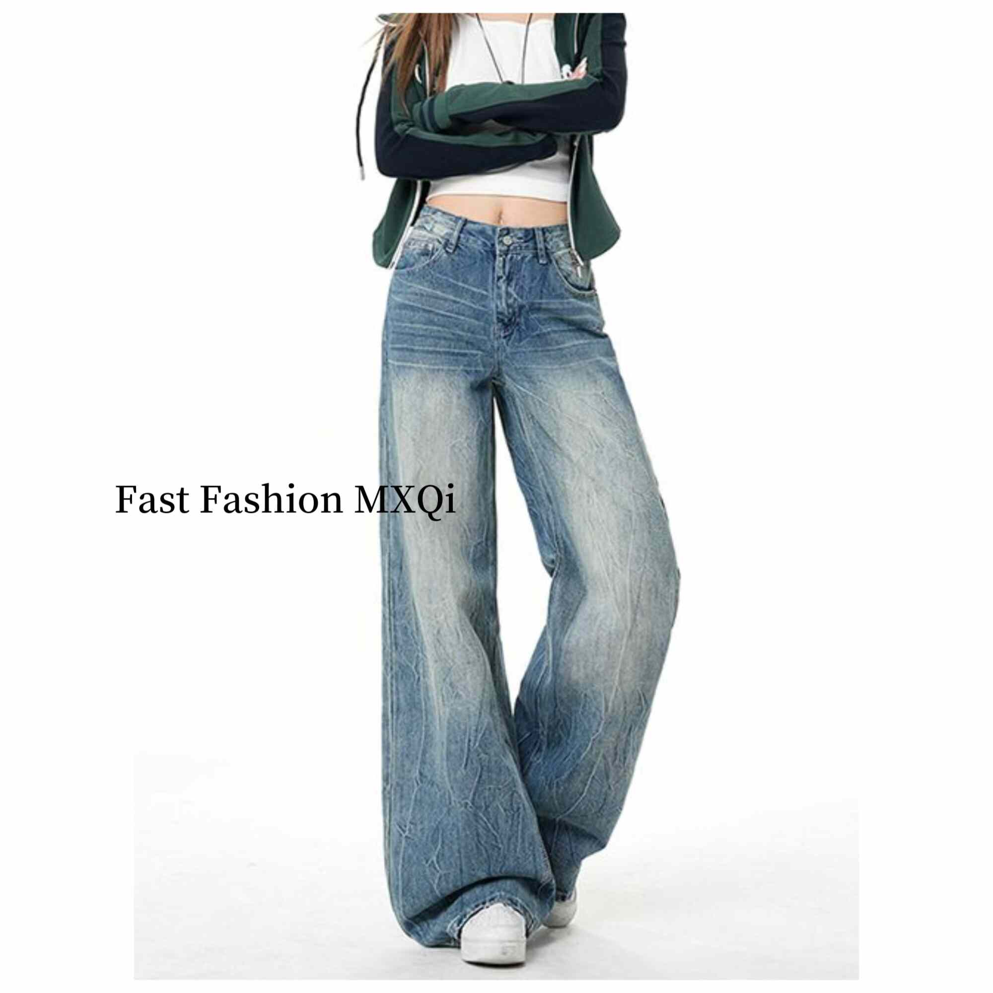 春秋新款复古蓝低腰直筒牛仔裤女宽松显瘦韩版阔腿裤子潮K2-1364