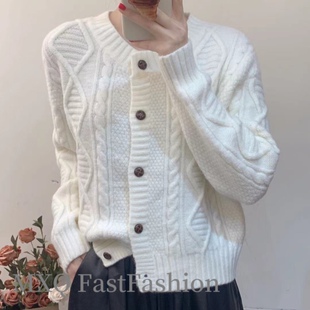 复古麻花针织开衫女2025秋冬新款高级感小个子慵懒风白色毛衣外套