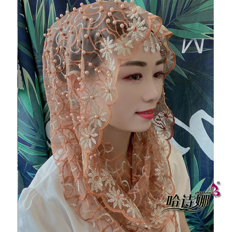 哈诗娜新款绣花套头帽子慕斯盖头装饰盖白发围脖订珠植物纱巾两用