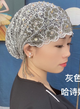 哈诗娜新款流苏纱巾帽子夏天可爱包头巾腈纶帽子名族花朵盖头百搭