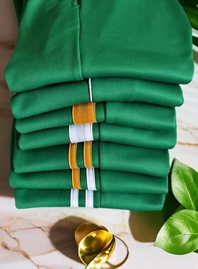 中绿色双白条收口校裤男女通用中小学生白粗条运动裤白黄条休闲裤