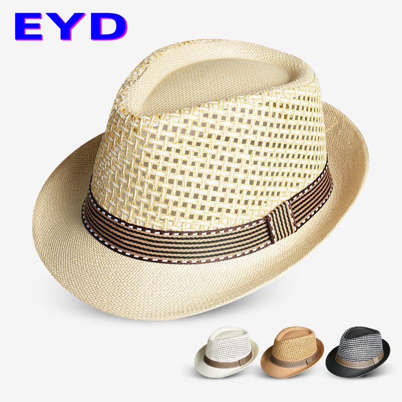 新款小礼帽男夏季沙滩帽英伦爵士帽卷边成人格子镂空旅游遮阳出游