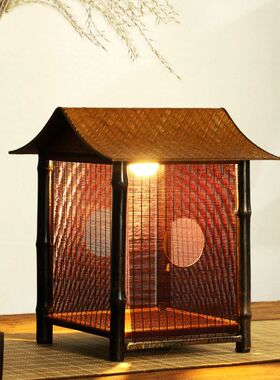 充电款 纯手工竹编茶室禅意氛围灯茶屋复古中式台灯灯笼卷帘灯