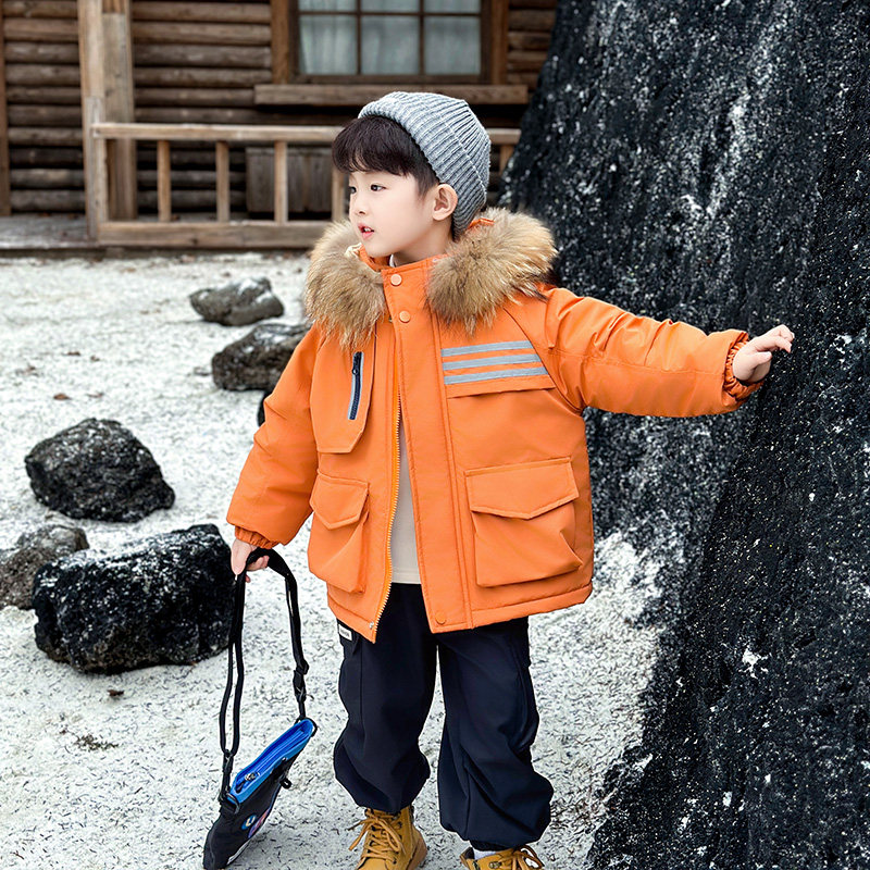 男童秋冬外套2025真毛领连帽加绒加厚棉服男孩冬季帅气保暖童装潮