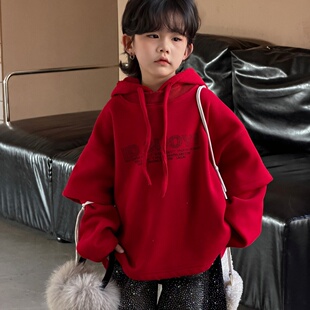 男童红色连帽卫衣秋冬加绒加厚中大童松弛感上衣套袖新年服