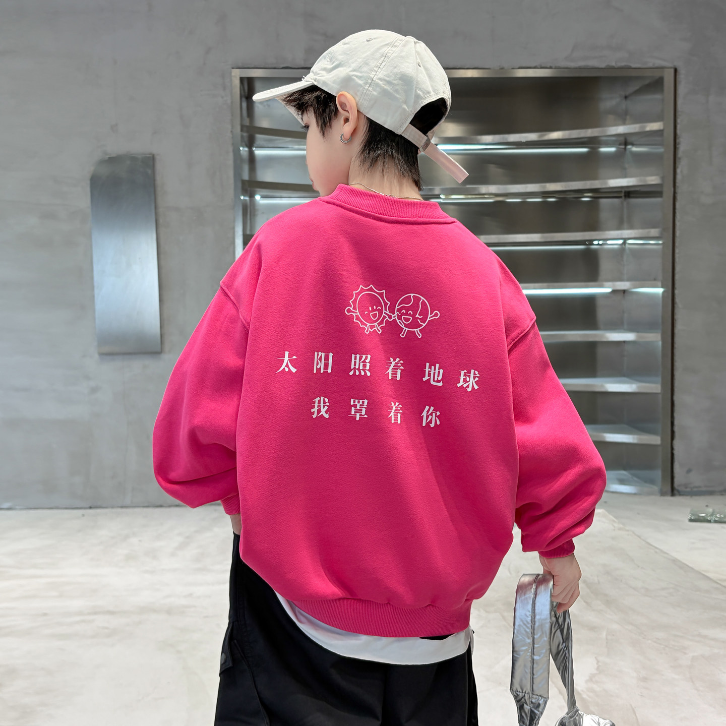 春秋美式宽松落肩字母童卫衣玫红