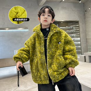 男童2025羊羔绒外套夹棉加厚保暖亮色立领拉链夹克帅气宽松毛毛衣